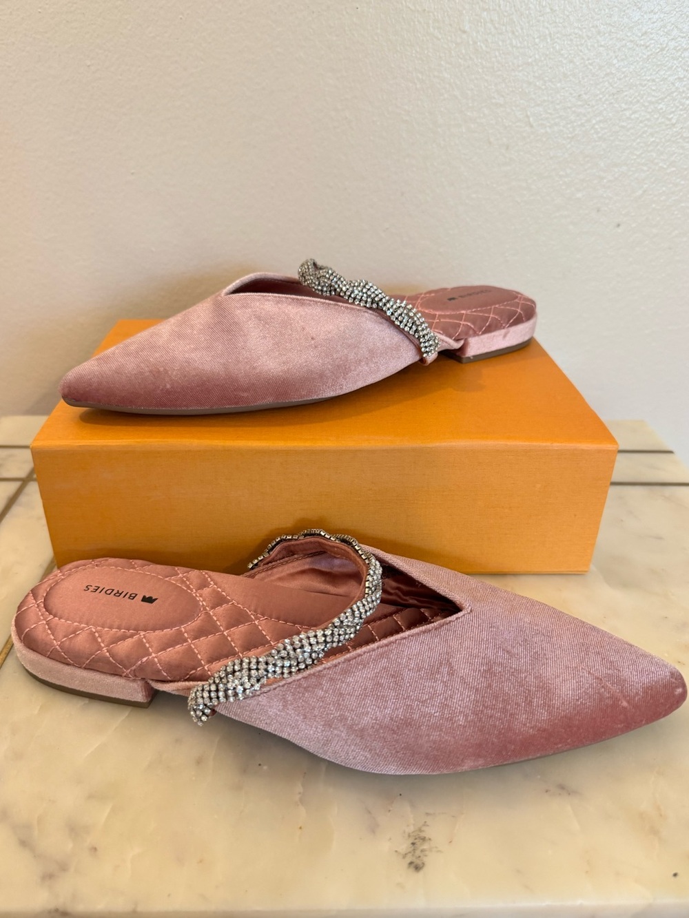 Birdies Blush Velvet Pointed Mules with Crystal-Embellished Strap